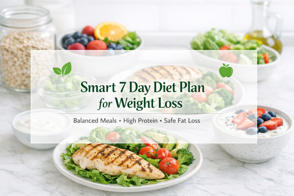 Top view of organized weekly meal prep containers showing a Diet Plan for Weight Loss with rice, grilled chicken, vegetables, and fruits.