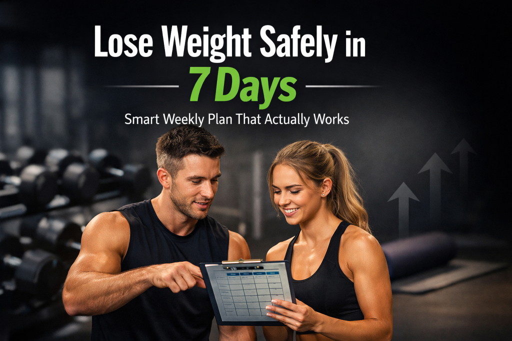 Fit male and female reviewing a weekly meal chart in gym environment representing a Diet Plan for Weight Loss 7-day transformation guide.