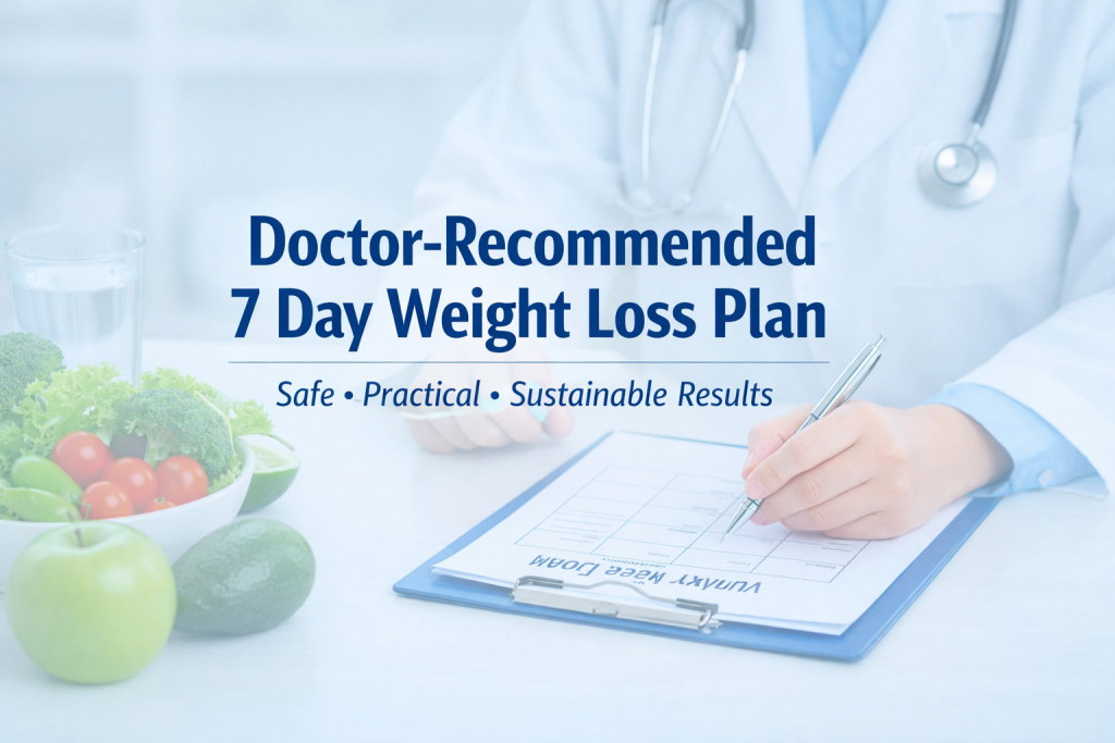 Nutritionist writing weekly meal plan on clipboard with healthy foods, representing a professional Diet Plan for Weight Loss 7-day guide.