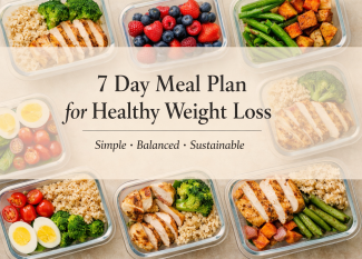 Healthy kitchen setup showing a Diet Plan for Weight Loss with oats, fruits, vegetables, grilled chicken, and yogurt bowl arranged neatly.