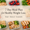 Healthy kitchen setup showing a Diet Plan for Weight Loss with oats, fruits, vegetables, grilled chicken, and yogurt bowl arranged neatly.